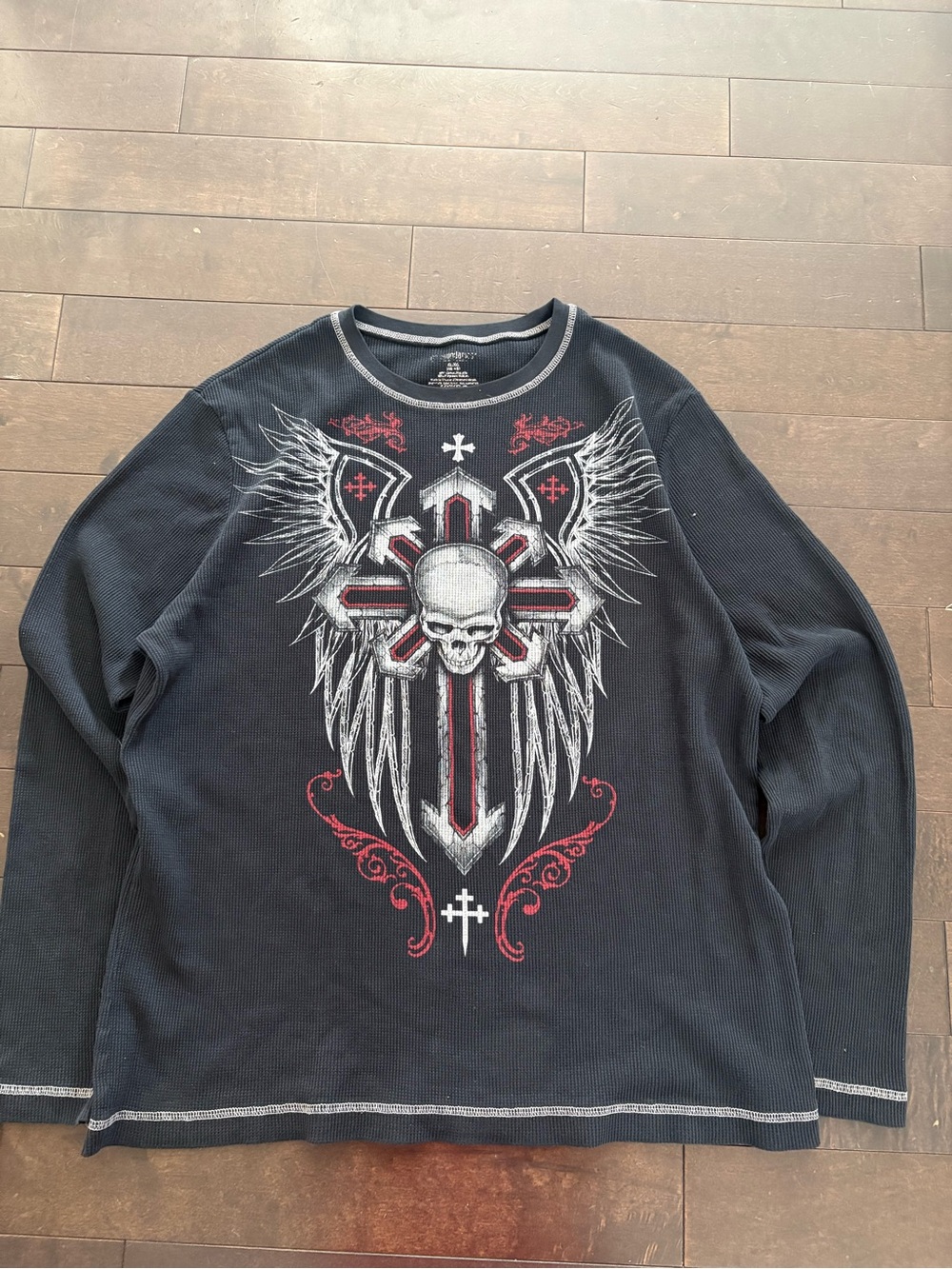Affliction style Black Thermal Shirt with Red & White Graphic